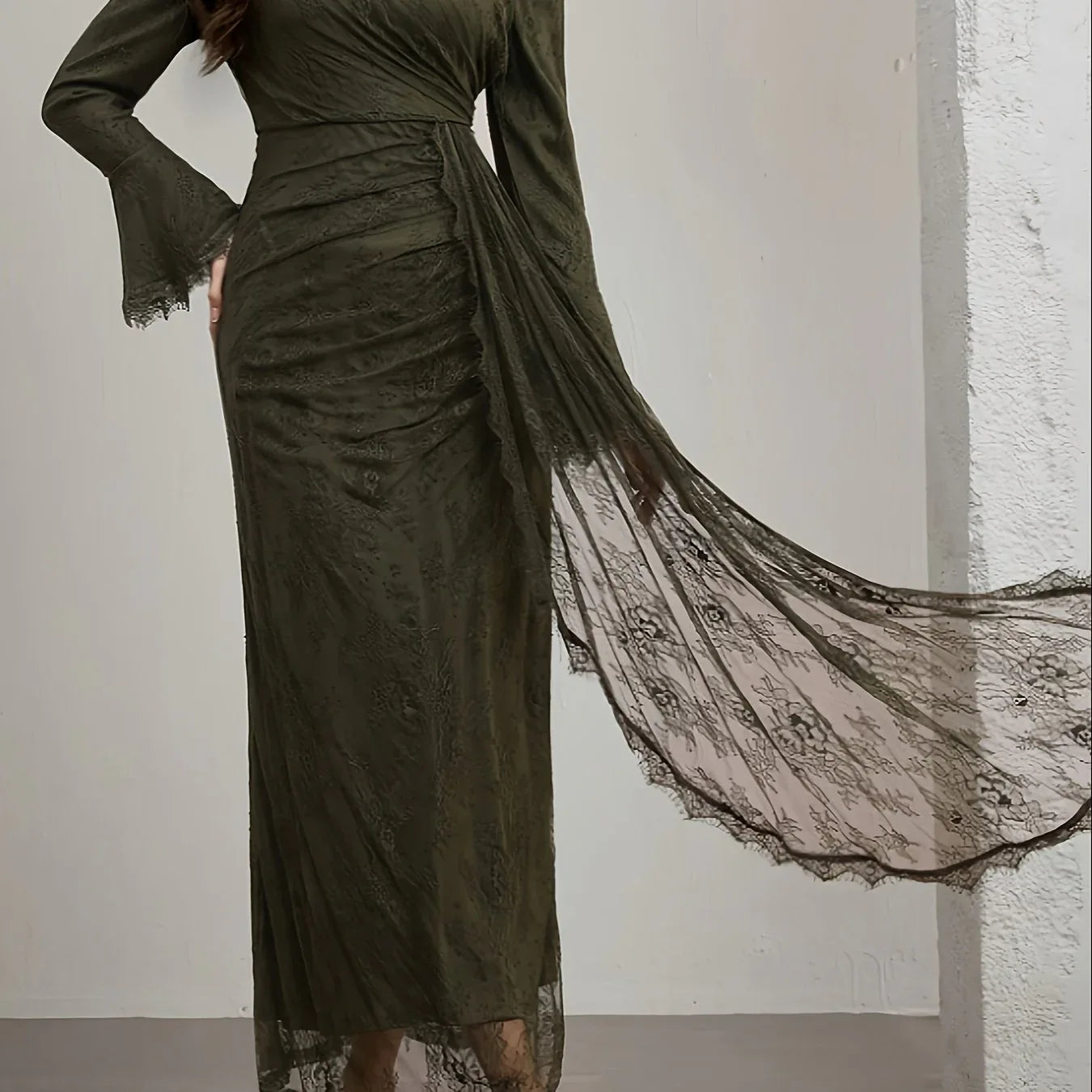 TEMU-Elegant Long-Sleeve Lace Dress with Ruffle Neckline - alotasawkli