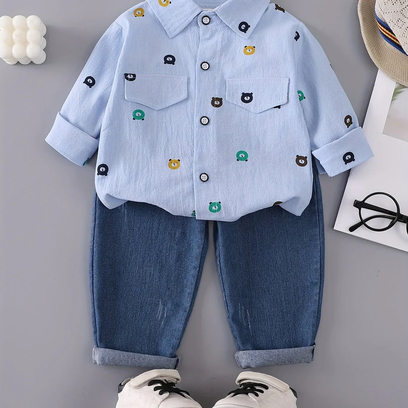 TEMU-Boys' Print Outfit with a Bear Pocket Long-Sleeve - alotasawkli