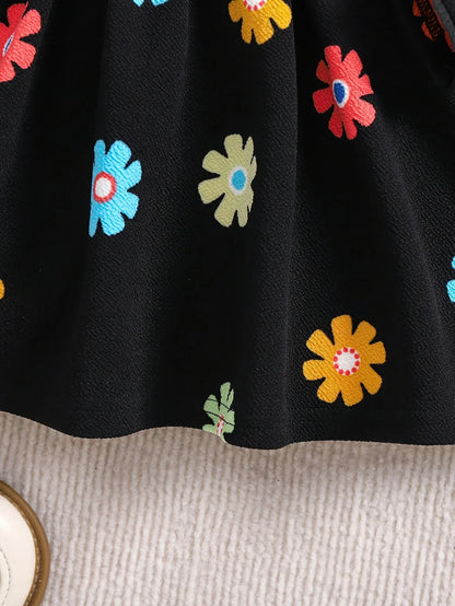 Baby Girl Long Sleeve Black Dress with Floral Digital Print | Crew Neck, Non-Stretch Fabric, Casual Style, Perfect for Spring/Fall - alotasawkli