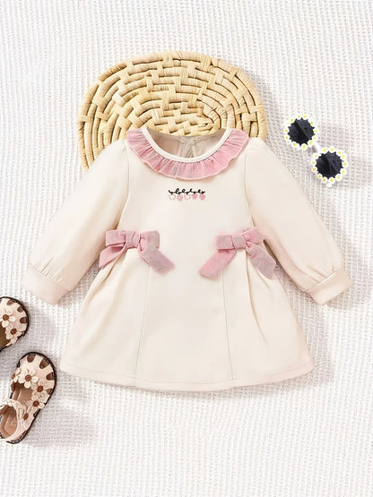 1pc 's Long Sleeve Dress with Heart-Embellished Bow Waist - Solid Color Spring/Fall Dress, Machine-Washable Casual Outfit for Girls (1pc Dress) - Easy Diaper Change & Casual Attire - alotasawkli