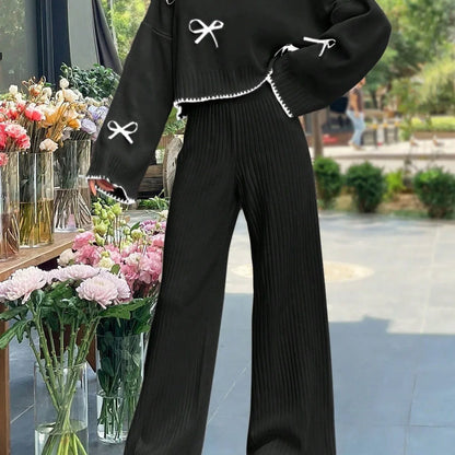 A 2pcs Women'S Set Consisting of a Simple Triko Top with Long Sleeves, Round Collar, And Filigree Decoration, And Pants. - alotasawkli