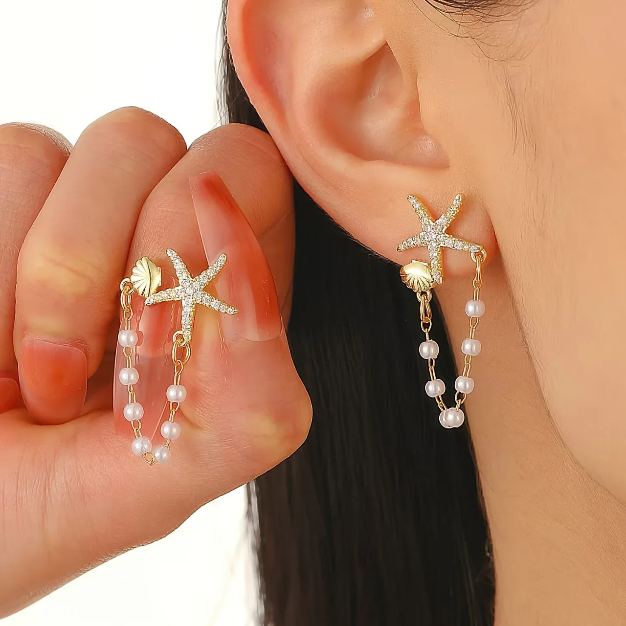 Pair of Starfish Shell Ocean Style Earrings - 18K Golden Plated Zinc - alotasawkli