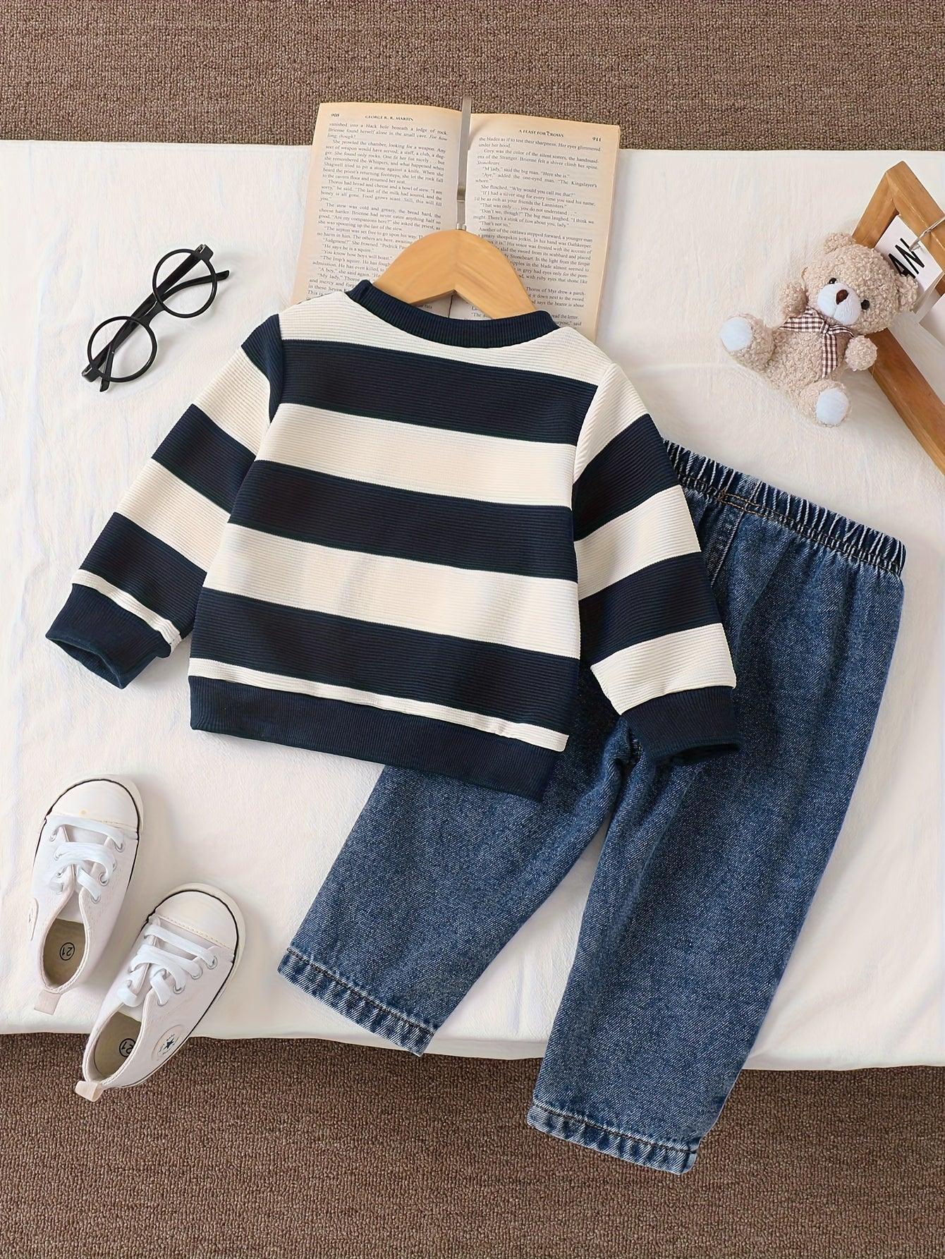 TEMU-2pcs Denim Set with Striped Long Sleeves - alotasawkli