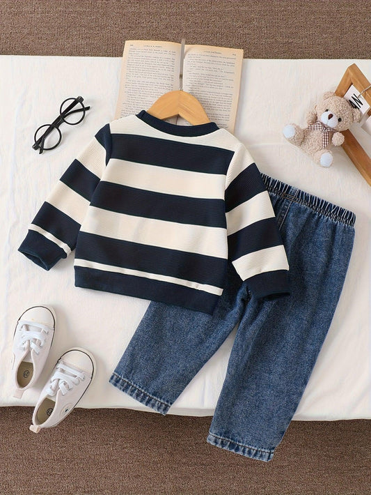 TEMU-2pcs Denim Set with Striped Long Sleeves - alotasawkli