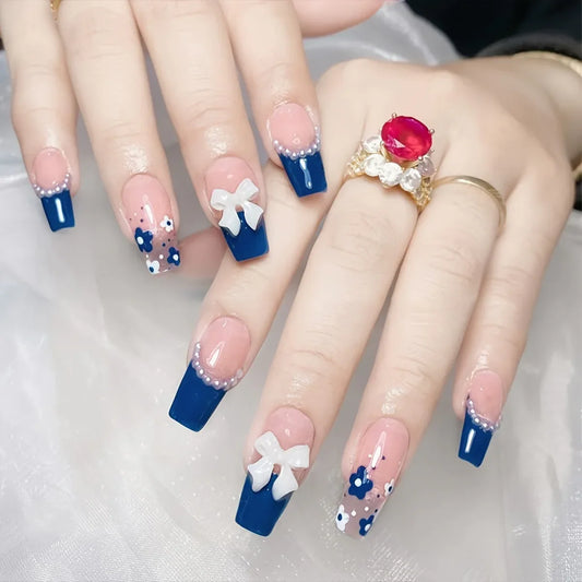 TEMU-24pcs Blue Floral Bowknot Press-On Nails - alotasawkli
