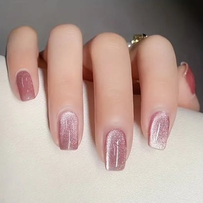 TEMU-24Pcs Glitter Press On Nails Medium Square Glitter Fake Nails Pinkish Cat Eye - alotasawkli