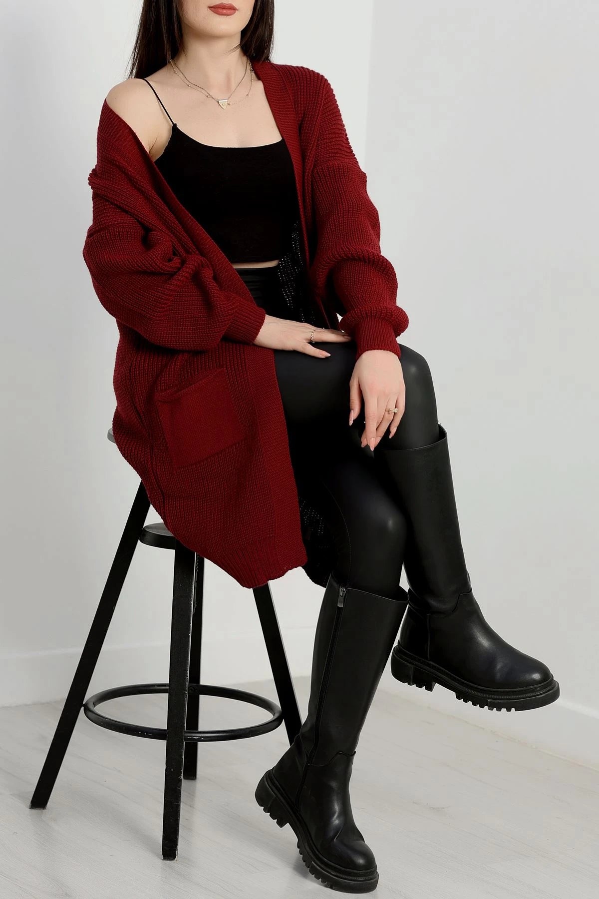 Women’s Pocket Detail Knitwear Cardigan – Burgundy