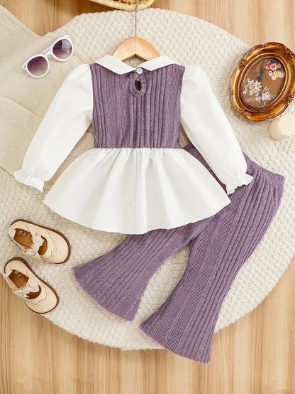 Knitted Girls' Set with Lapel Spliced Top + Flared Pants, Baby Spring/Autumn Stylish Sweet Two-Piece Set, Perfect for Outdoor - alotasawkli