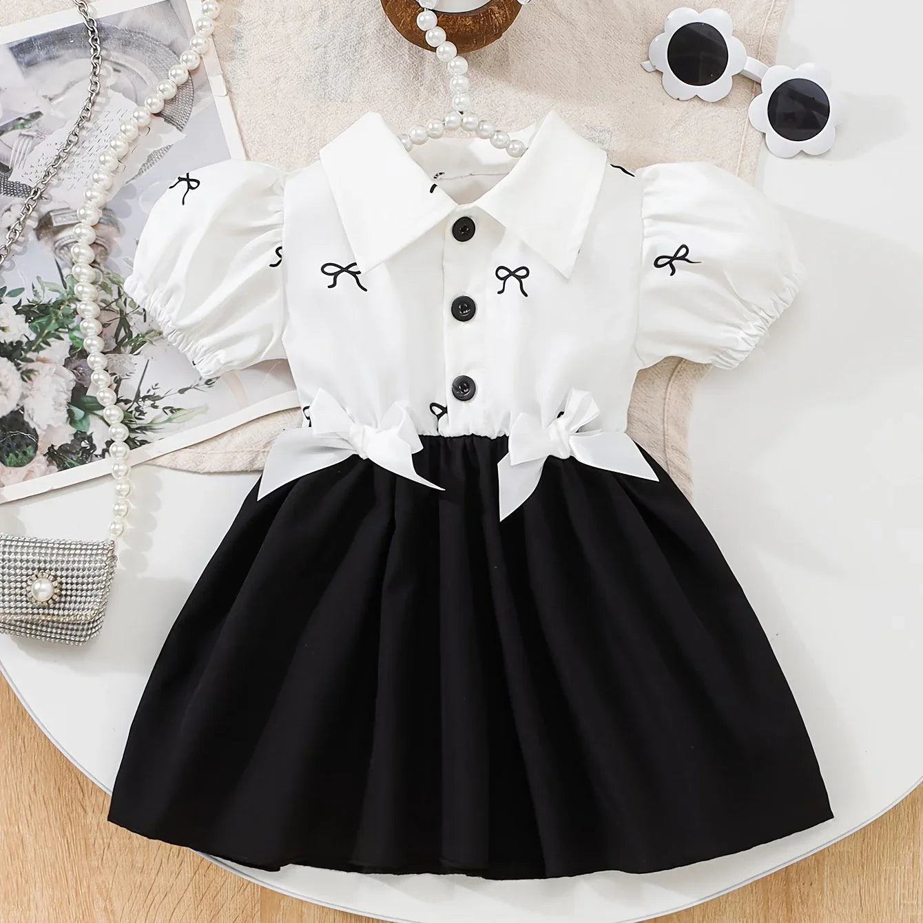 1pc Elegant Sweet Cool Style Baby Girl Dress | Black and White Contrast with Large Skirt, Non-Stretch Fabric, Random Print, Perfect for Spring/Fall - alotasawkli