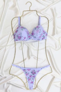 Pink Floral Tulle Bra Set - Padded Underwire Lingerie