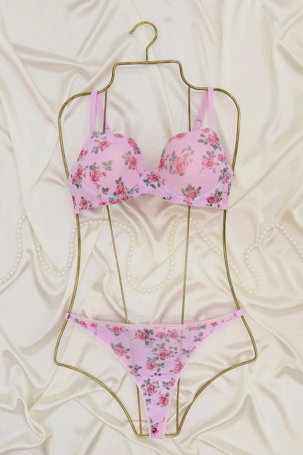 Pink Floral Tulle Bra Set - Padded Underwire Lingerie