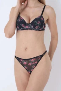 Pink Floral Tulle Bra Set - Padded Underwire Lingerie