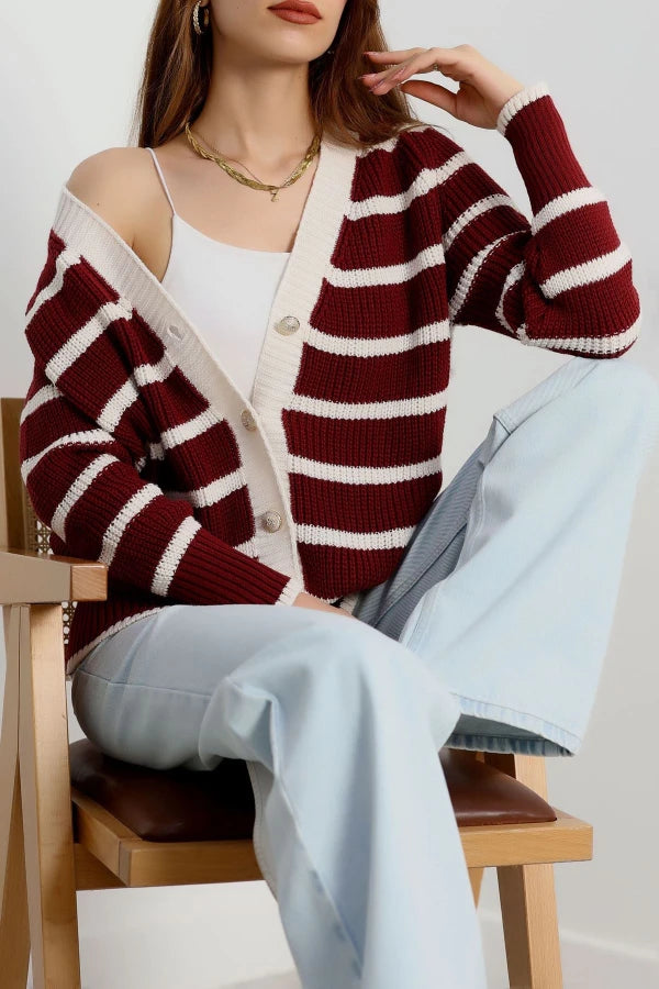 Women’s Striped Knitwear Cardigan – Burgundy & Latte