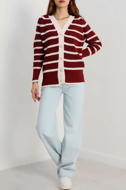 Women’s Striped Knitwear Cardigan – Burgundy & Latte