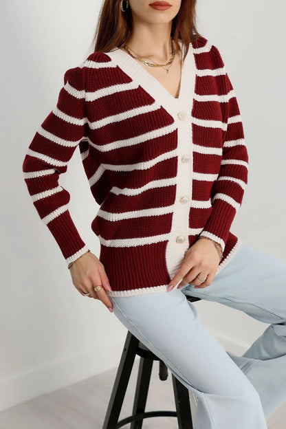 Women’s Striped Knitwear Cardigan – Burgundy & Latte