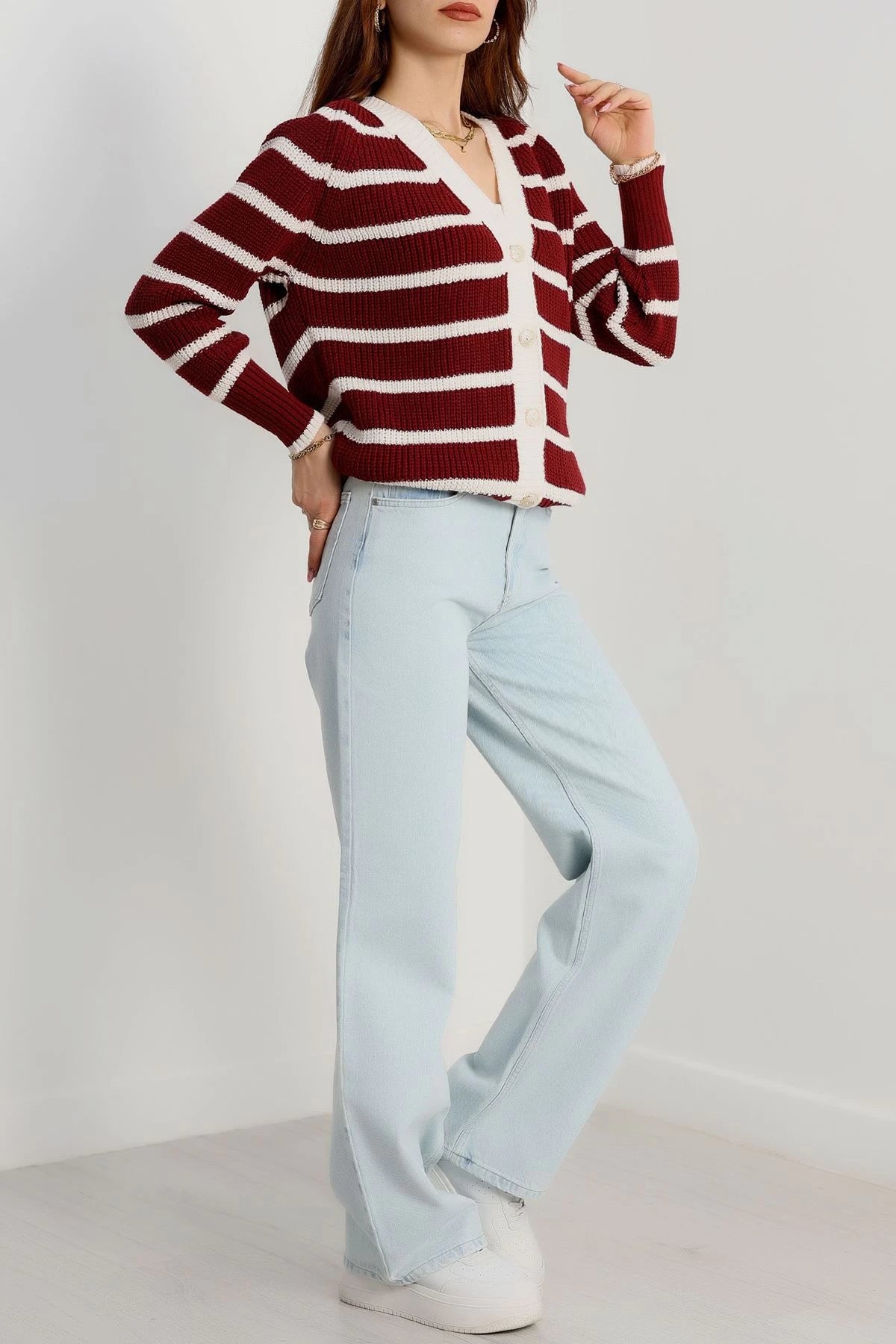 Women’s Striped Knitwear Cardigan – Burgundy & Latte