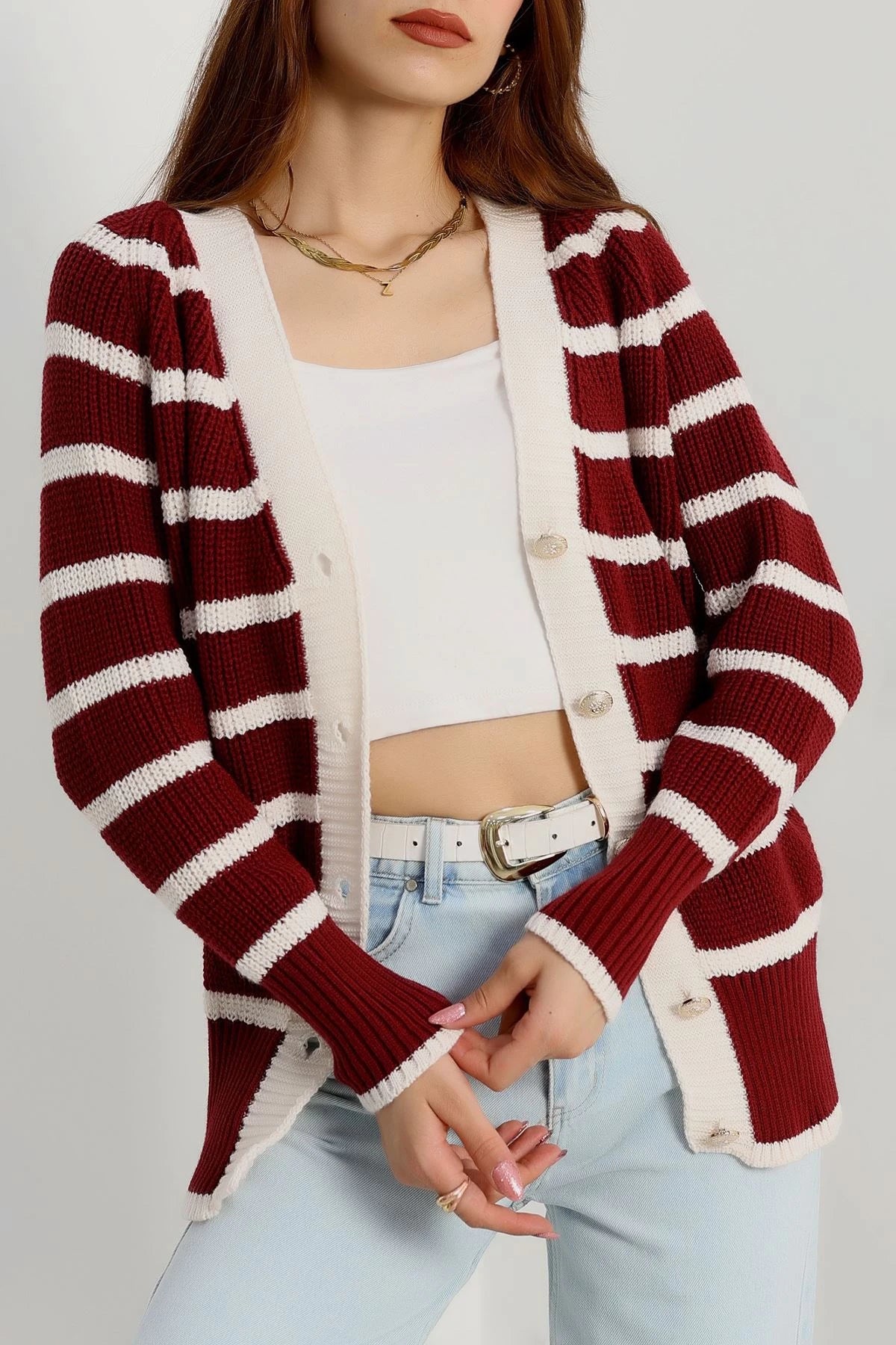 Women’s Striped Knitwear Cardigan – Burgundy & Latte