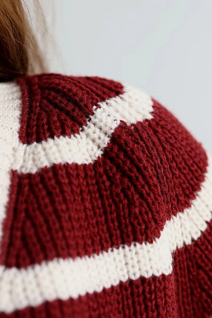 Women’s Striped Knitwear Cardigan – Burgundy & Latte
