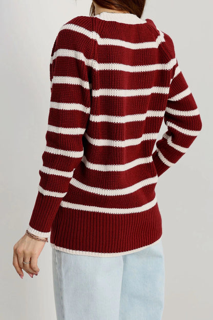 Women’s Striped Knitwear Cardigan – Burgundy & Latte