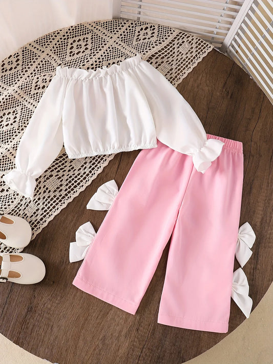 Girls' Trendy Bubble Sleeve 3D Bow White Long-Sleeve Top - alotasawkli