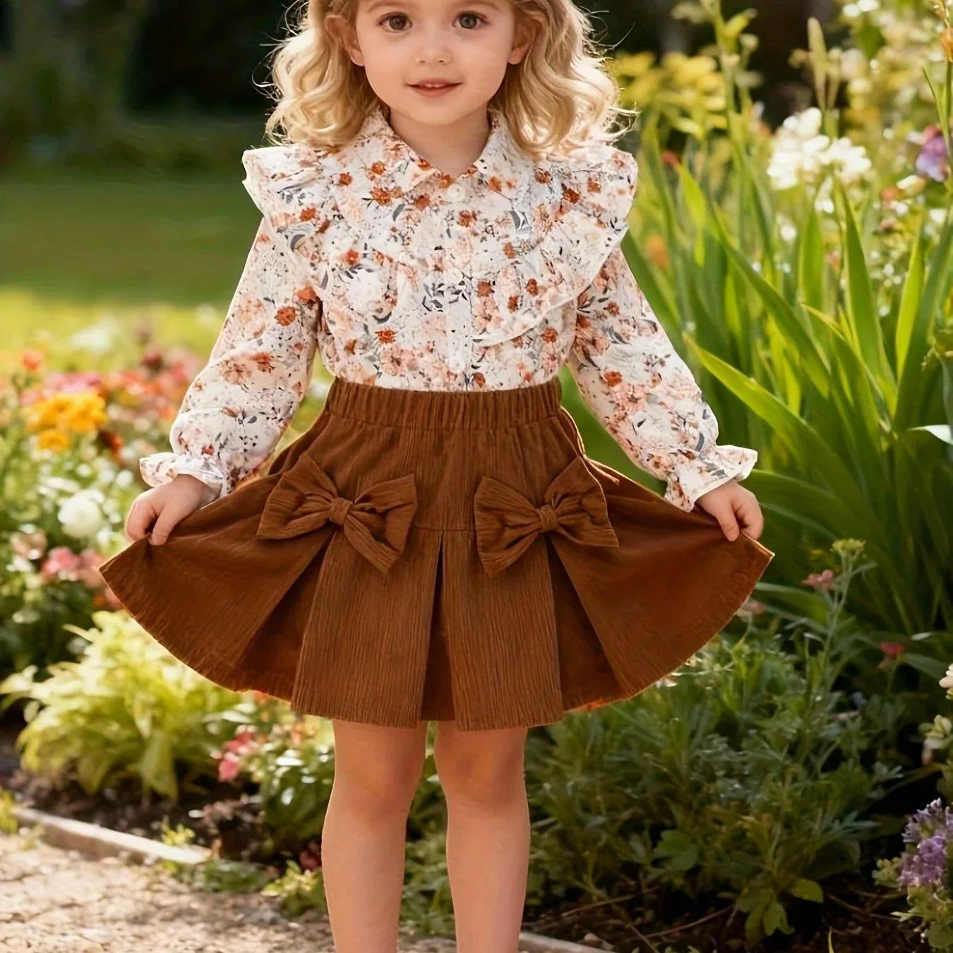 A Cute Outfit for Girls Featuring a Long-Sleeve Top with a Floral Print, Button- Collar, And Ruffled Design, Perfect for Spring And Autumn, Paired with a Khaki Bow Short Skirt, for Outdoor - alotasawkli