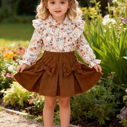 A Cute Outfit for Girls Featuring a Long-Sleeve Top with a Floral Print, Button- Collar, And Ruffled Design, Perfect for Spring And Autumn, Paired with a Khaki Bow Short Skirt, for Outdoor - alotasawkli