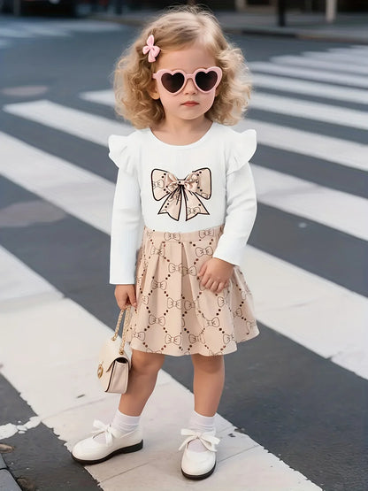 Spring and Autumn Style Infant Baby Girl Round Neck Bow Print Flutter Sleeve Romper with Full-Bow Skirt Casual Two-Piece Set Development, Perfect for Outdoor - alotasawkli