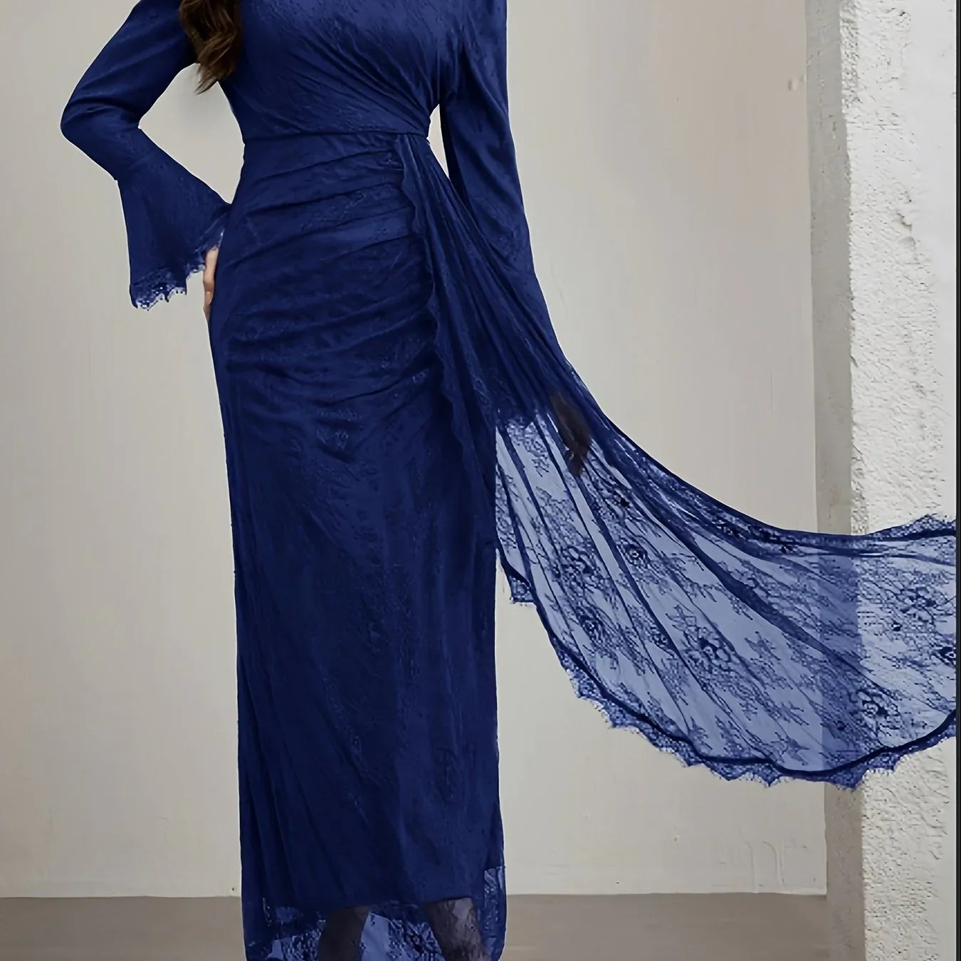 TEMU-Elegant Long-Sleeve Lace Dress with Ruffle Neckline - alotasawkli