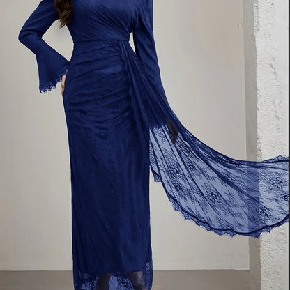 TEMU-Elegant Long-Sleeve Lace Dress with Ruffle Neckline - alotasawkli