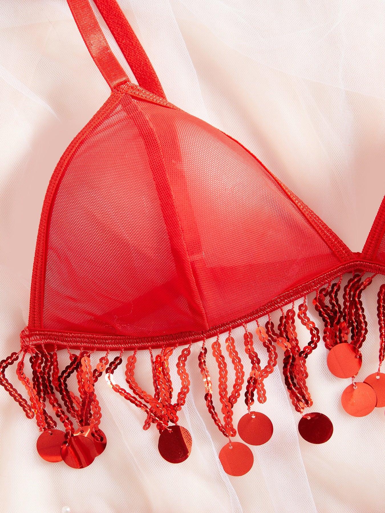 TEMU-Lace metal chain red sexy lingerie set - alotasawkli