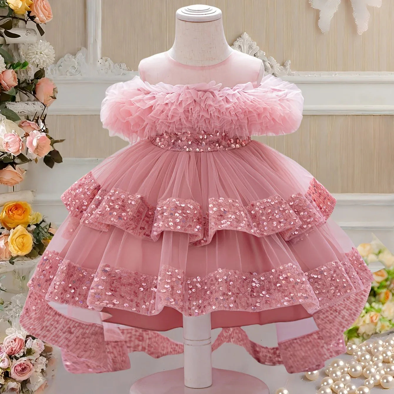 TEMU-Measuring Front Skirt, Girl's Pink Sequin Dress - alotasawkli