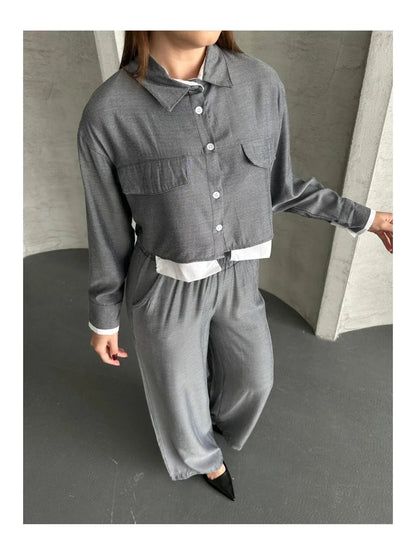 مجموعة قميص كروب واسع الأرجل للنساء من VOLT CLOTHING مع تفاصيل جيب - alotasawkli