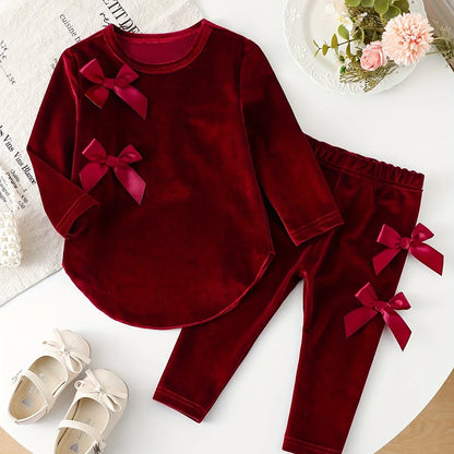 Girls' Red Velvet Solid Color Long Sleeve Set with 3D Bows | Preppy Style, Crew Neck, Regular Fit for Fall/Winter, for Outdoor - alotasawkli