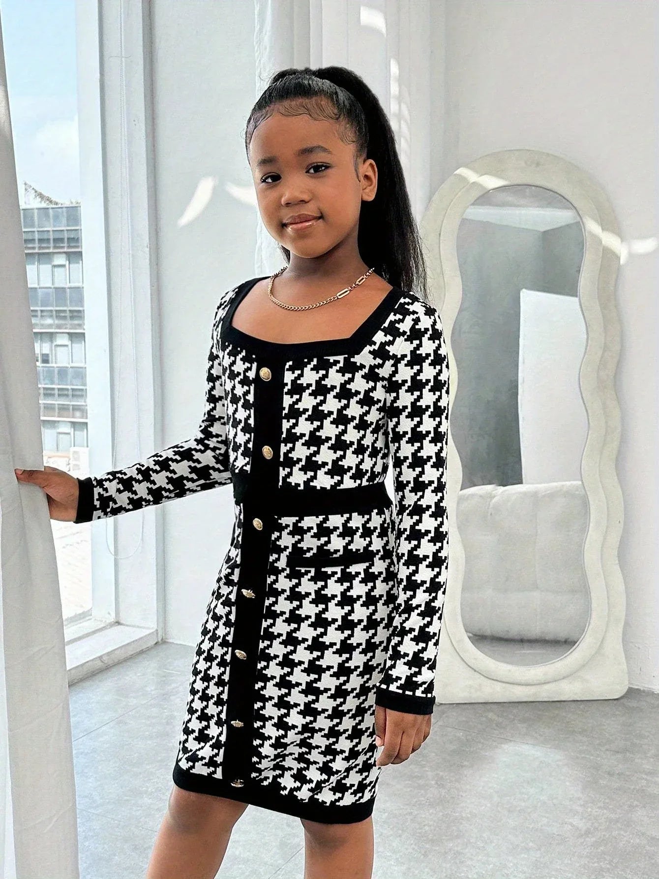 TEMU-Tween Girl's Elegant Houndstooth Print Square Neck - alotasawkli