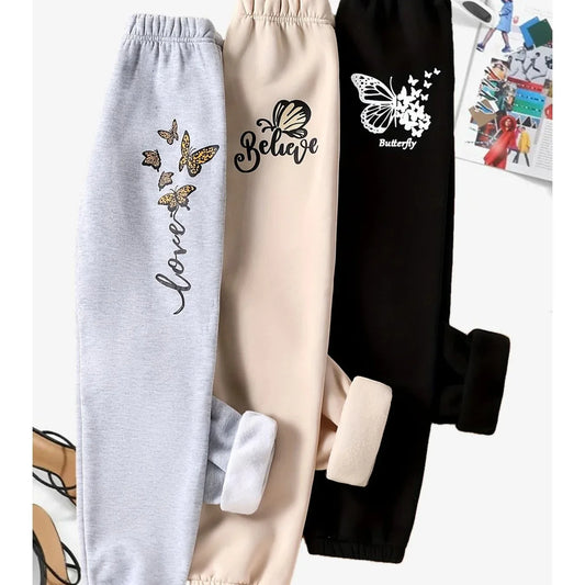 طقم بناتي 3 قطع بطبعة فراشة، بنطلون رياضي مبطن بالصوف بثلاثة خيوط (بيج-أسود-رمادي) - alotasawkli