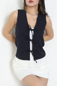 Navy Blue Lined Tie-Waist Vest
