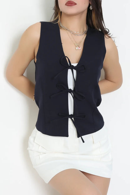 Navy Blue Lined Tie-Waist Vest