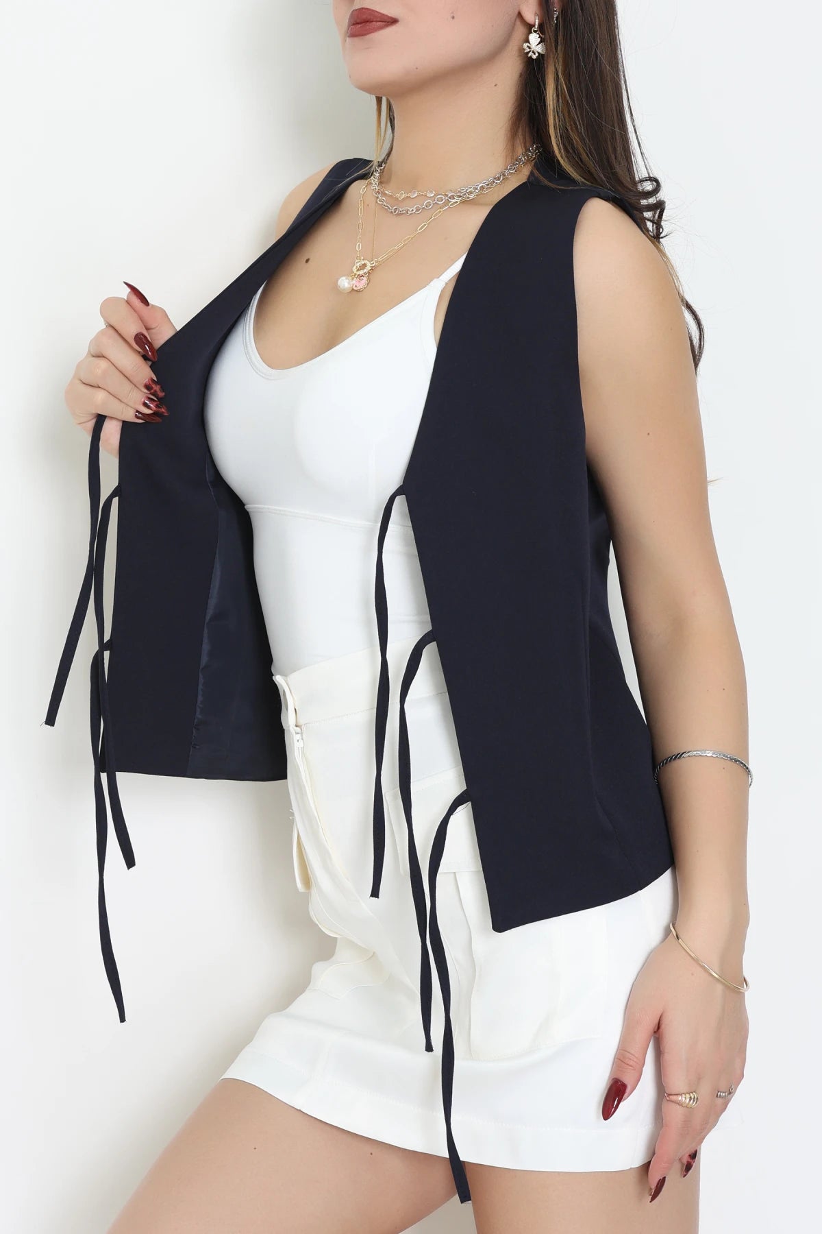 Navy Blue Lined Tie-Waist Vest