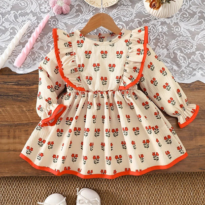 Baby Girl Floral Dress Set | Beige with Red Rose Print, Red Ruffle Trim Bell Sleeves, Cute and Sweet All-season Outfit - alotasawkli
