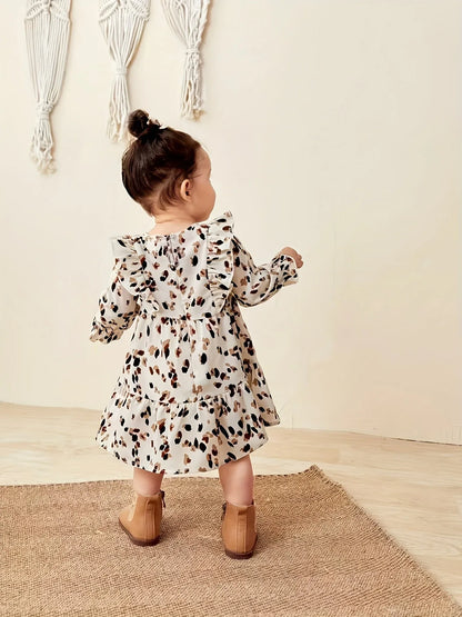 A Cute Leopard Print Long-Sleeve Dress for Baby Girls, Perfect for Outings in Spring And Summer. - alotasawkli