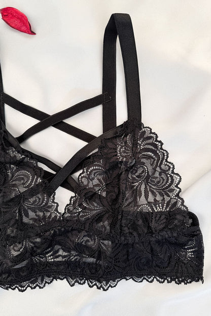 Black Lace Strappy Bralette Set – Wire-Free Lingerie