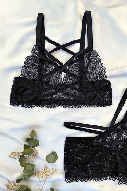Black Lace Strappy Bralette Set – Wire-Free Lingerie