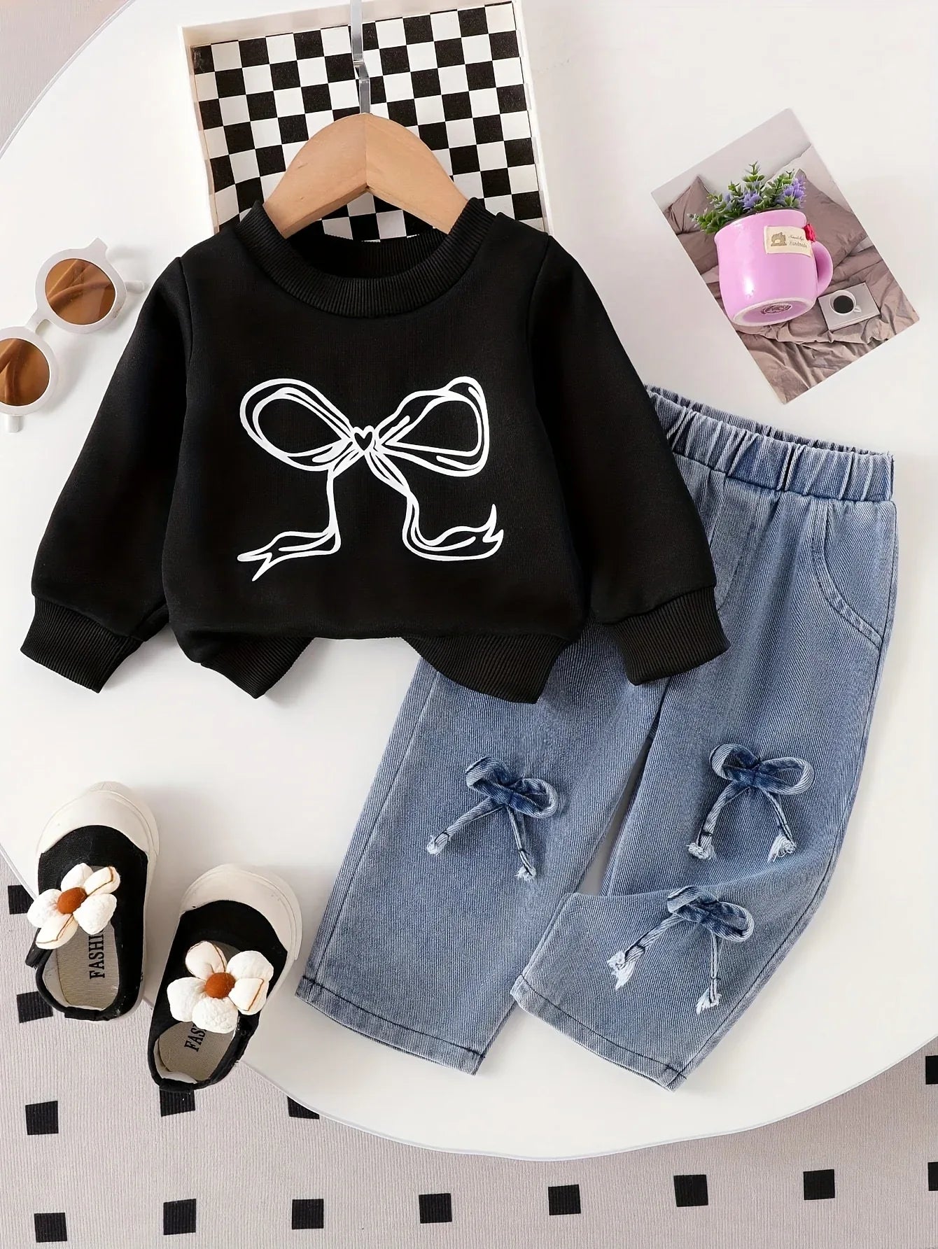 TEMU-2pcs 's Bow Print & 3D Bow Detail Sweatsuit & Pants - alotasawkli