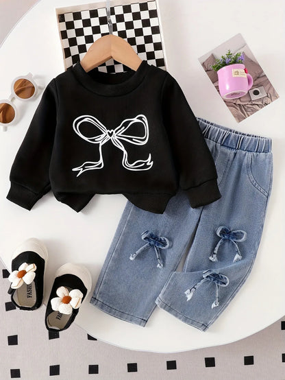 TEMU-2pcs 's Bow Print & 3D Bow Detail Sweatsuit & Pants - alotasawkli