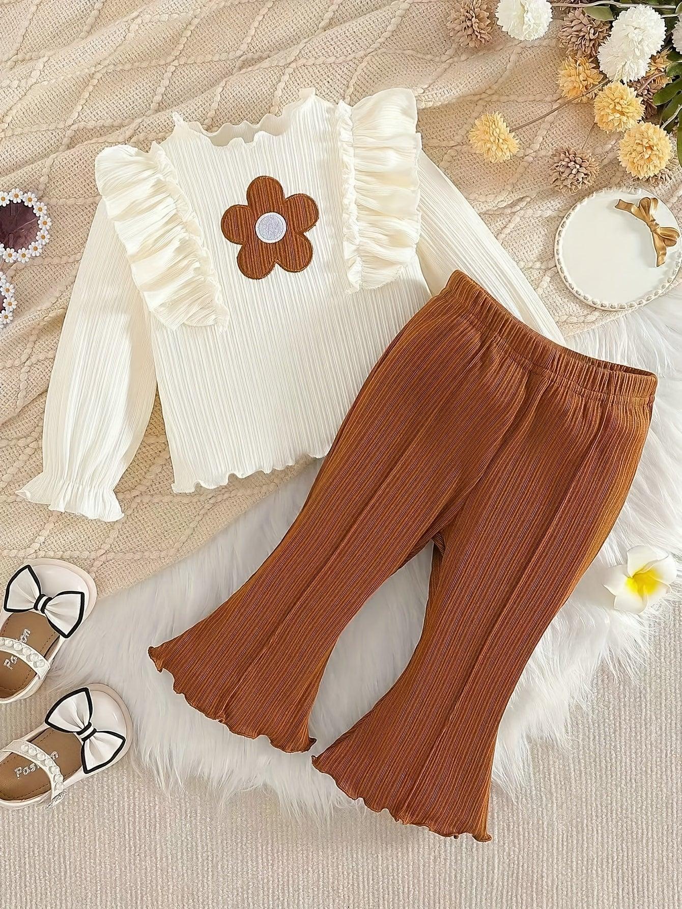 Sweet Outfit for Girls: Floral Appliqué Top Paired with Brown Flared Pants, a Charming Little, for Outdoor - alotasawkli