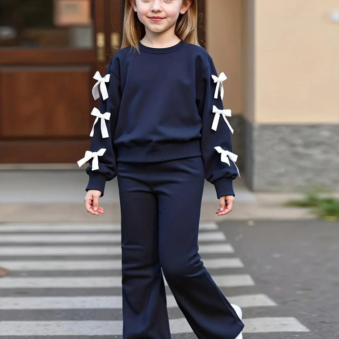 TEMU-Girls' Casual Fashion Round Neck Bow Two-Piece Outfit - alotasawkli