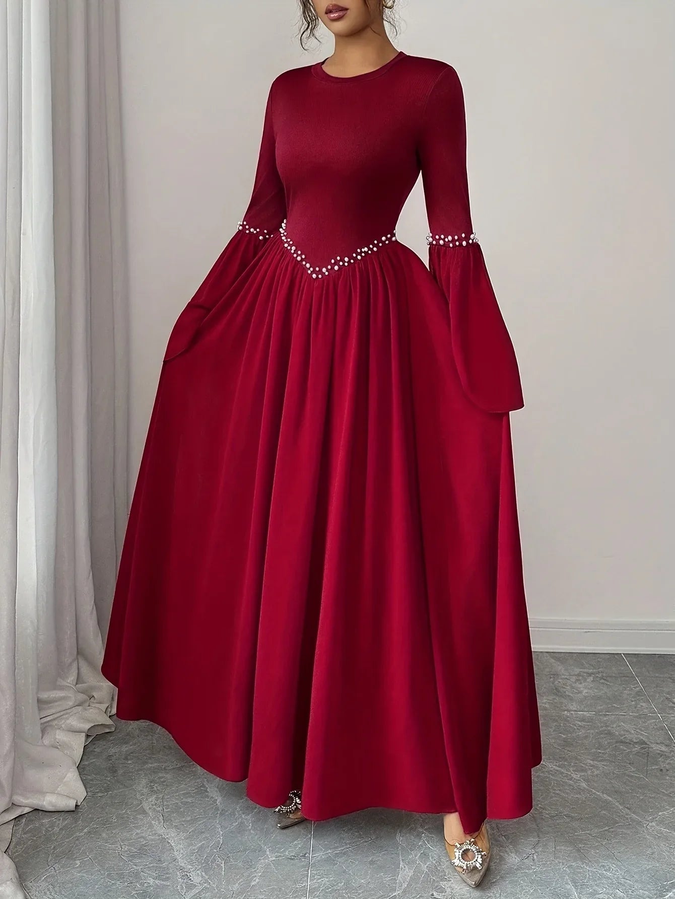 TEMU-Women'S Elegant Long Sleeve A-Line Maxi Dress with Round Neck - alotasawkli