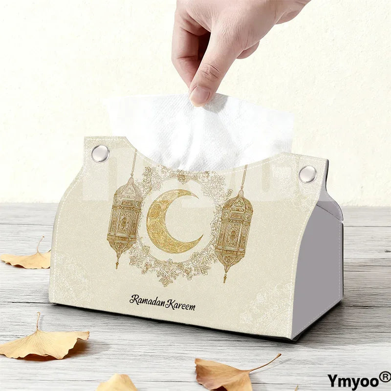 Islamic Tissue Box with Golden Crescent Moon & Arabic Ramadan Kareem - alotasawkli