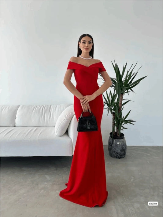 فستان نسائي برقبة قارب بتصميم ناعم مع تفاصيل أنيقة من القماش - alotasawkli