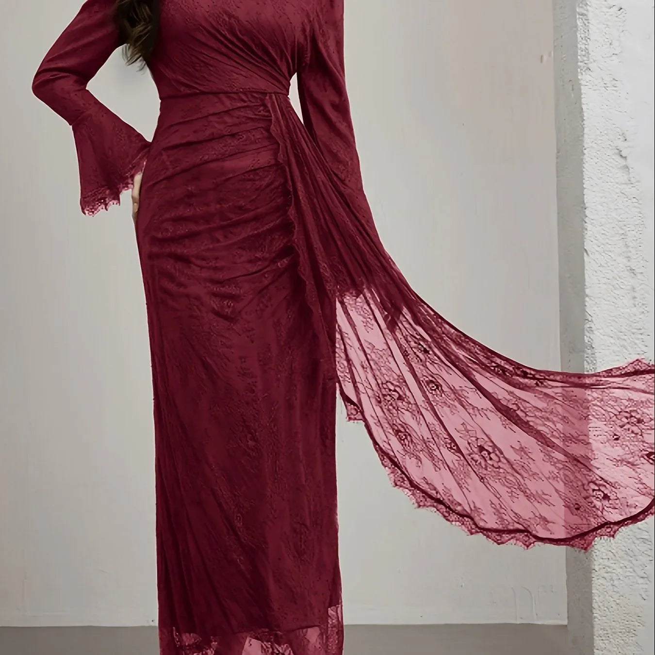 TEMU-Elegant Long-Sleeve Lace Dress with Ruffle Neckline - alotasawkli